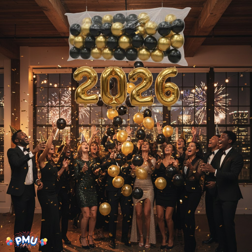 PMU New Year's Eve Party Balloon Drop Kit (100pcs Assorted 9in and 5in Balloons with Hand Pump) 4pcs "2026" 40in Gold Mylar Balloons 1 Set Assortment