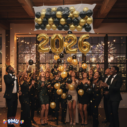 PMU New Year's Eve Party Balloon Drop Kit (100pcs Assorted 9in and 5in Balloons with Hand Pump) 4pcs "2026" 40in Gold Mylar Balloons 1 Set Assortment