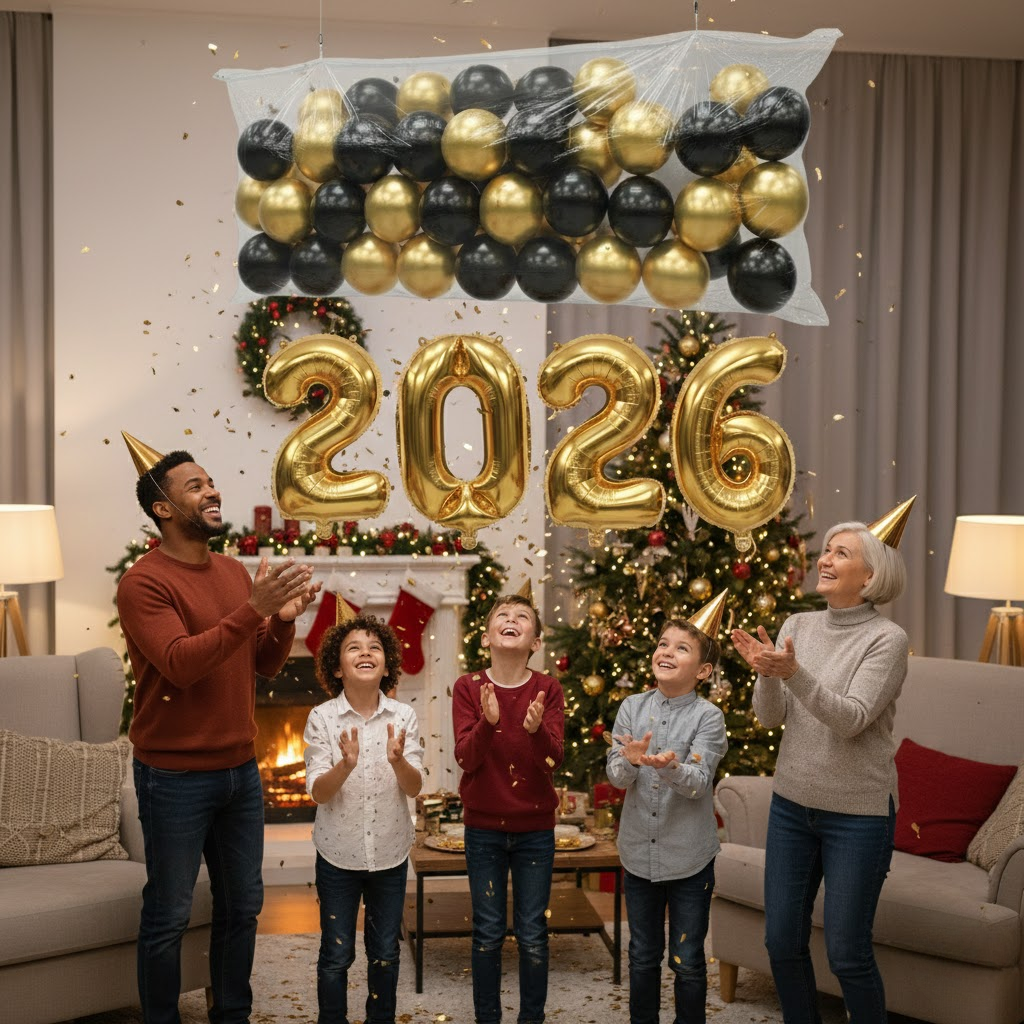 PMU New Year's Eve Party Balloon Drop Kit (100pcs Assorted 9in and 5in Balloons with Hand Pump) 4pcs "2026" 40in Gold Mylar Balloons 1 Set Assortment