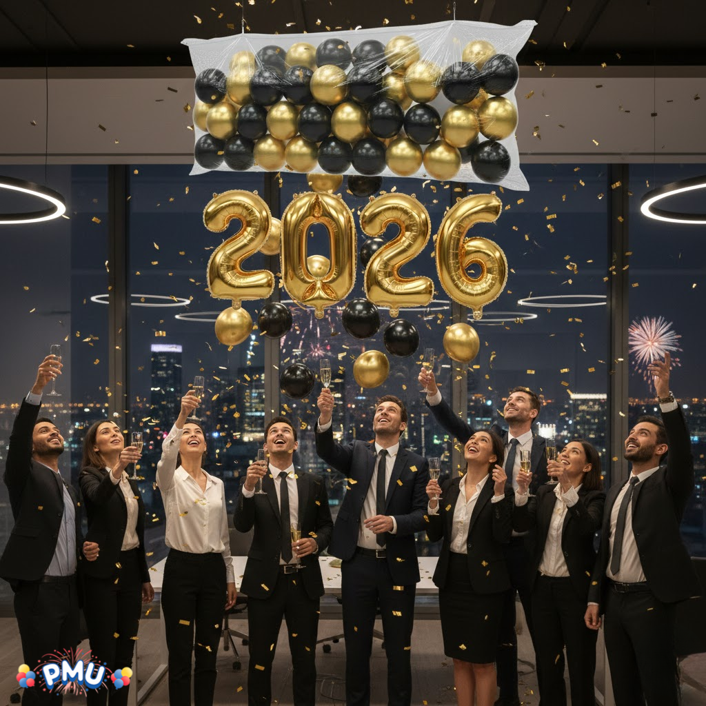 PMU New Year's Eve Party Balloon Drop Kit (100pcs Assorted 9in and 5in Balloons with Hand Pump) 4pcs "2026" 40in Gold Mylar Balloons 1 Set Assortment