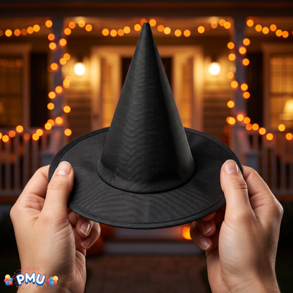 PMU 2 Pc Halloween Witch Cauldron Set – 8 Inch Black Cauldron Bowl & Witch Hat for Halloween Party Decorations, Tabletop & Home Décor