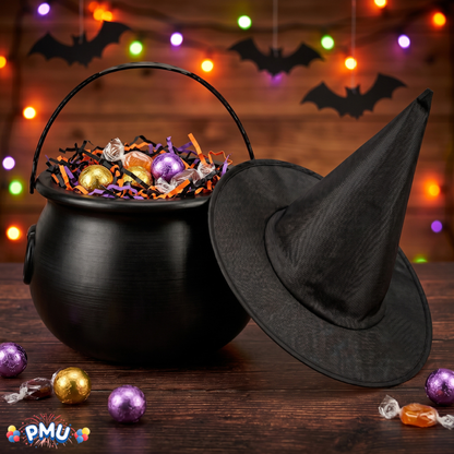 PMU 2 Pc Halloween Witch Cauldron Set – 8 Inch Black Cauldron Bowl & Witch Hat for Halloween Party Decorations, Tabletop & Home Décor