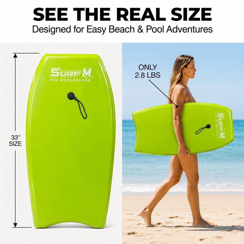 PMU 33 Inch Printed Bodyboard - Lightweight Wrist Leash Slick Bottom Boogie Board for Beach, Sea & Pool - Surfing Board for Kids, Teens & Adults Wave Conditions Pkg/1