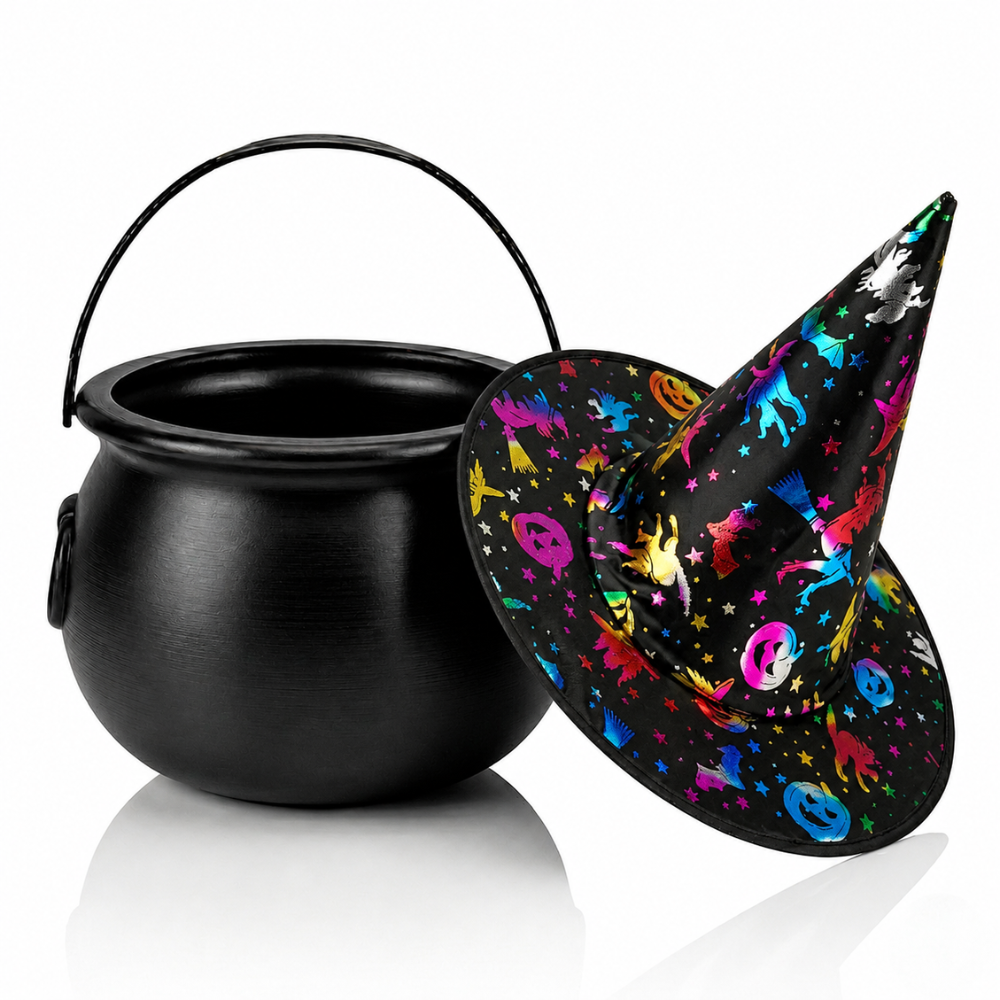 PMU 2 Pc Halloween Witch Cauldron Set – 8 Inch Black Cauldron Bowl & Witch Hat for Halloween Party Decorations, Tabletop & Home Décor