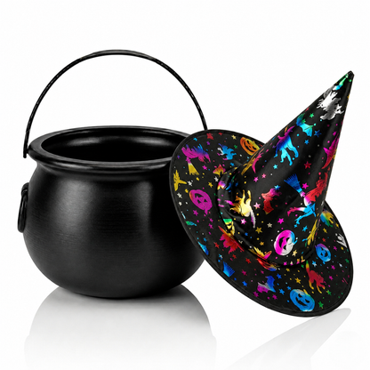 PMU 2 Pc Halloween Witch Cauldron Set – 8 Inch Black Cauldron Bowl & Witch Hat for Halloween Party Decorations, Tabletop & Home Décor