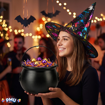 PMU 2 Pc Halloween Witch Cauldron Set – 8 Inch Black Cauldron Bowl & Witch Hat for Halloween Party Decorations, Tabletop & Home Décor