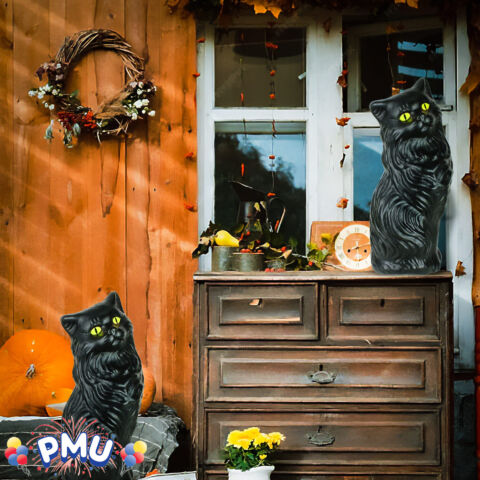 PMU 17 Inch Halloween Black Cat - Blow Mold Plastic Cat Statue - Perfect Décor for Halloween, Home, Yard, Lawn, Garden, Indoor and Outdoor - Best for Party Favors and Supplies