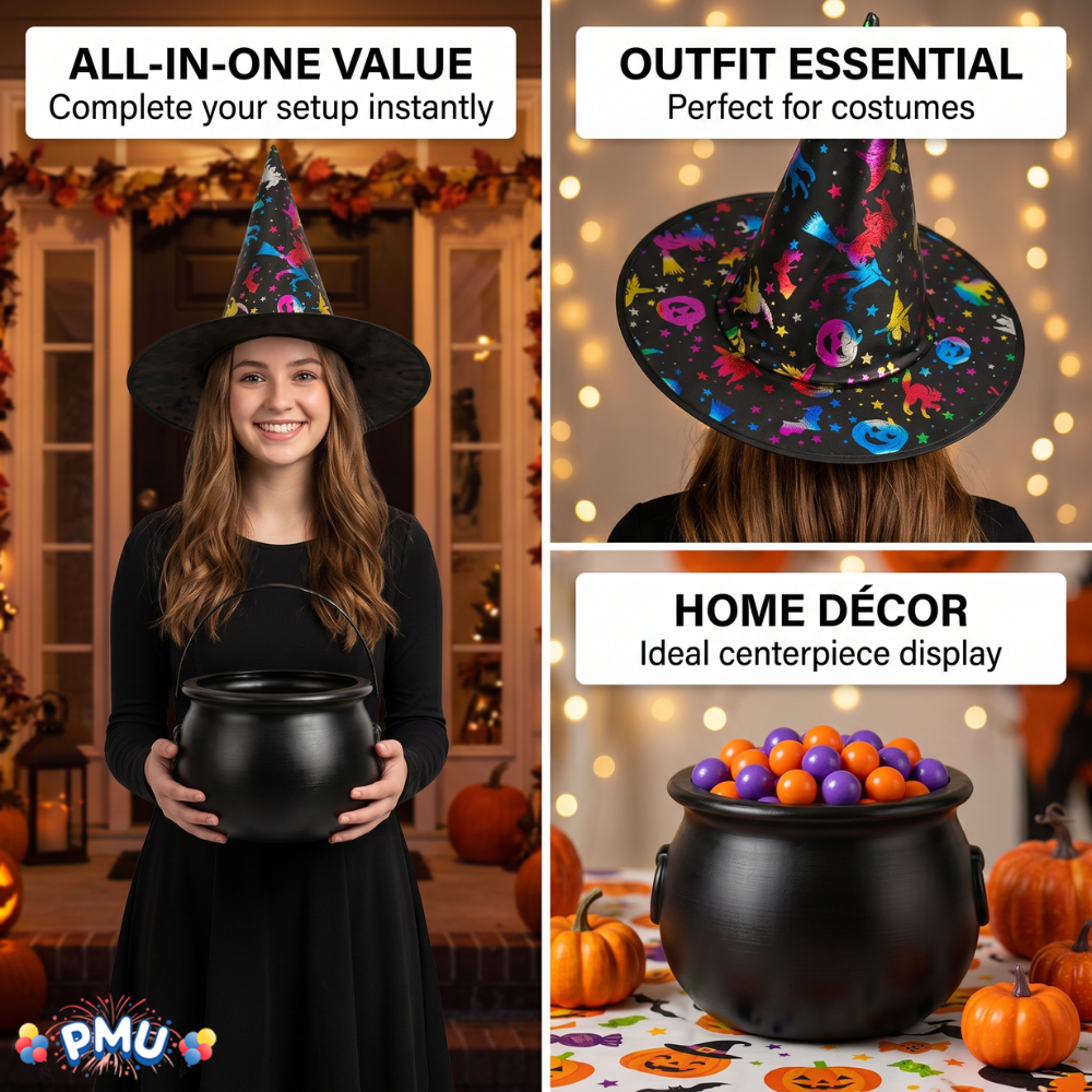 PMU 2 Pc Halloween Witch Cauldron Set – 8 Inch Black Cauldron Bowl & Witch Hat for Halloween Party Decorations, Tabletop & Home Décor
