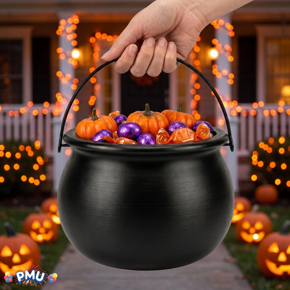 PMU 2 Pc Halloween Witch Cauldron Set – 8 Inch Black Cauldron Bowl & Witch Hat for Halloween Party Decorations, Tabletop & Home Décor