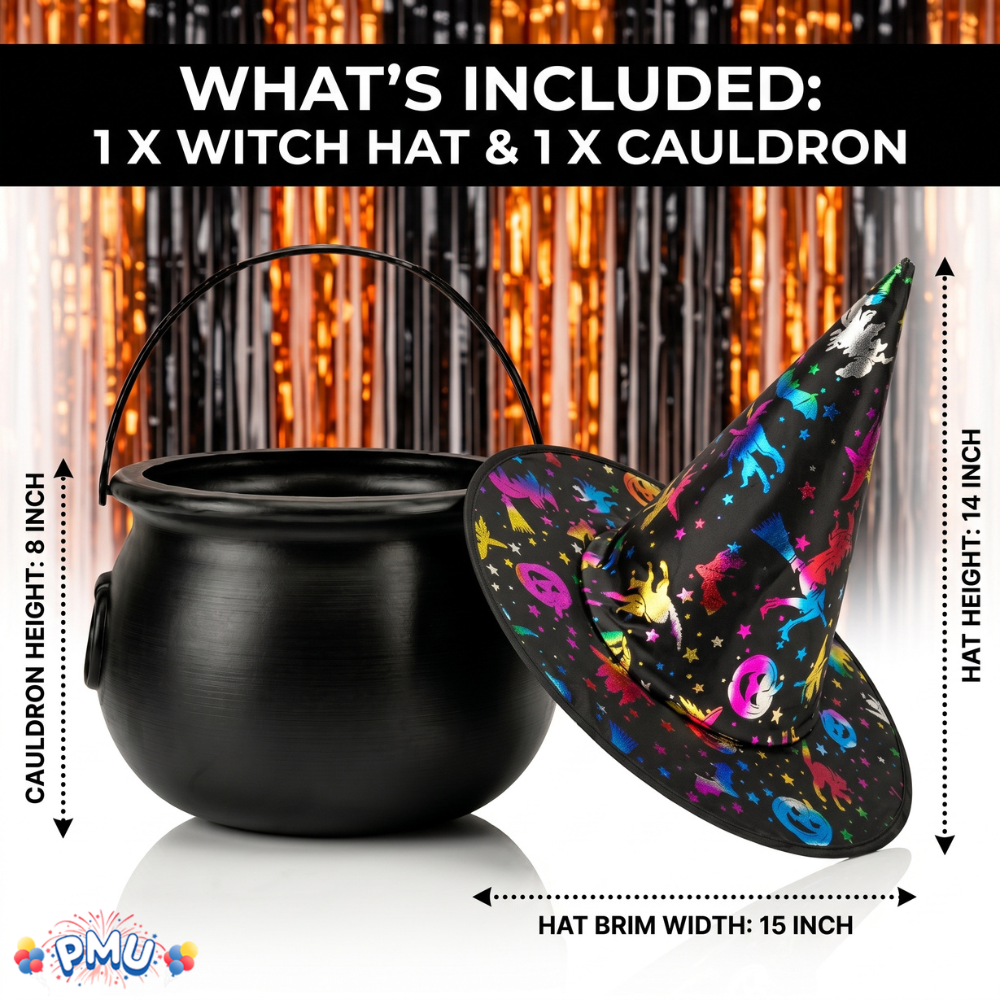 PMU 2 Pc Halloween Witch Cauldron Set – 8 Inch Black Cauldron Bowl & Witch Hat for Halloween Party Decorations, Tabletop & Home Décor