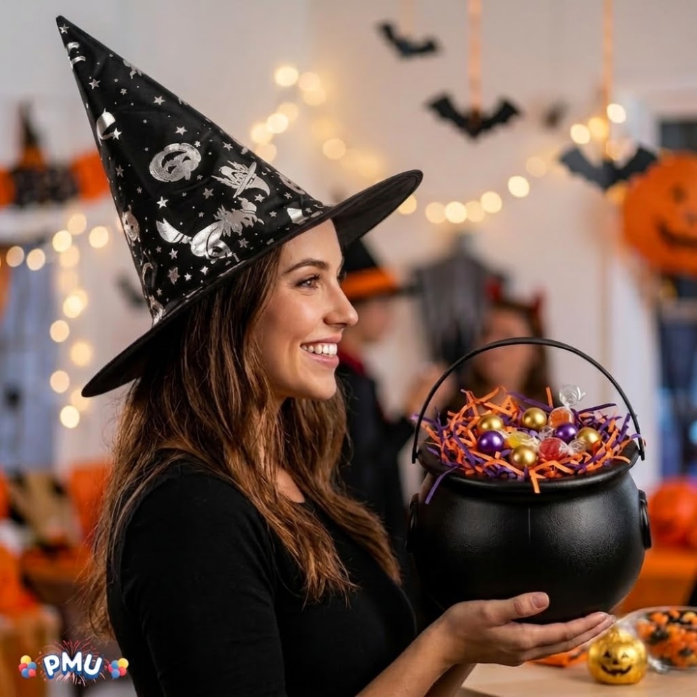 PMU 2 Pc Halloween Witch Cauldron Set – 8 Inch Black Cauldron Bowl & Witch Hat for Halloween Party Decorations, Tabletop & Home Décor