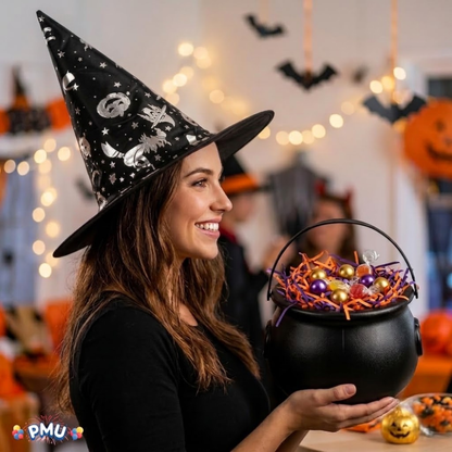 PMU 2 Pc Halloween Witch Cauldron Set – 8 Inch Black Cauldron Bowl & Witch Hat for Halloween Party Decorations, Tabletop & Home Décor