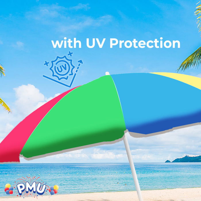 PMU Beach Umbrella 6 feet Opens to 72 inches Multicolor Beach Parasol with Carrying Sleeve for Beach, Patio, and Outdoor Sun Protection Polyester