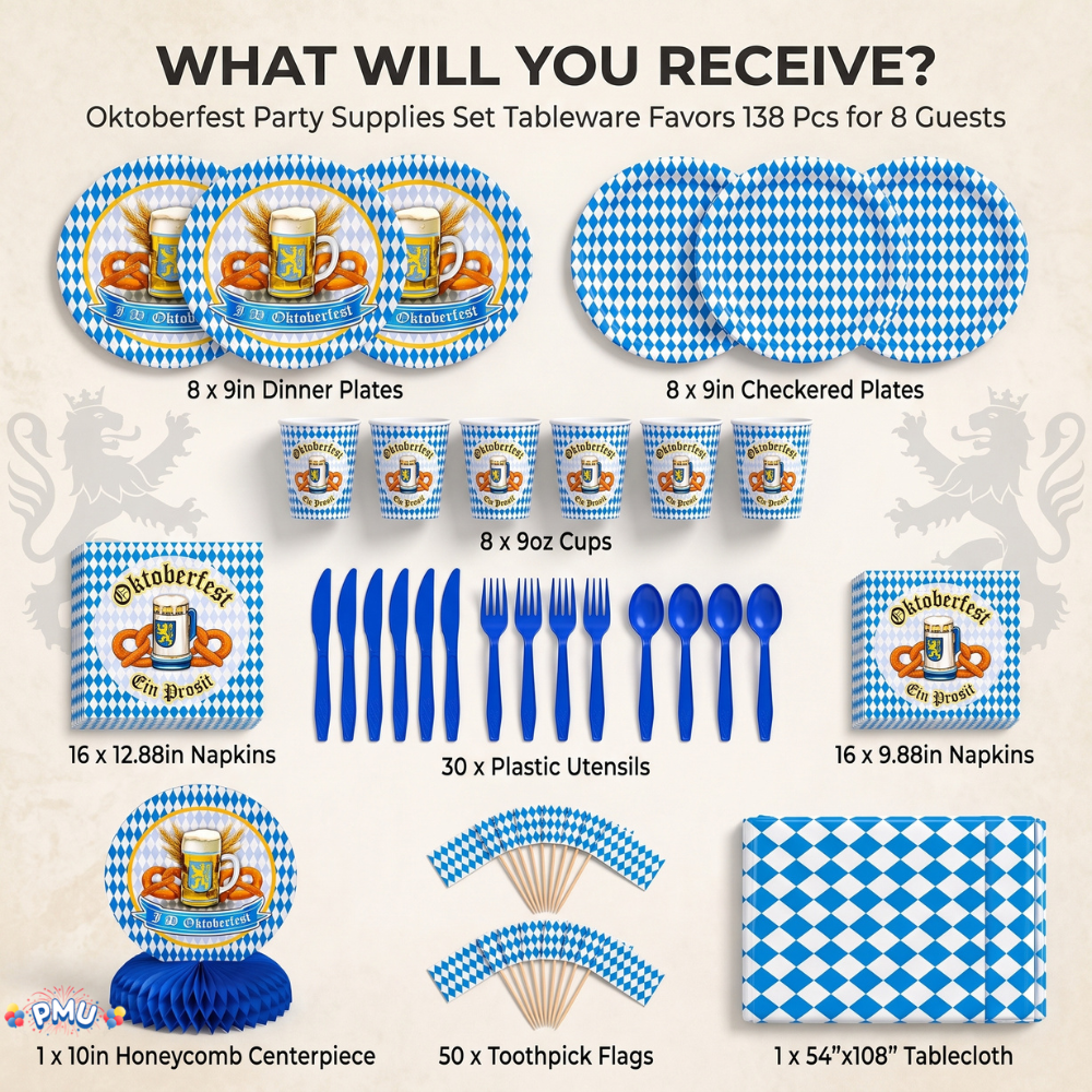 Oktoberfest Party Supplies Set Tableware Favors 138 Pcs for 8 Guests