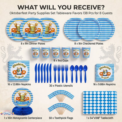 Oktoberfest Party Supplies Set Tableware Favors 138 Pcs for 8 Guests