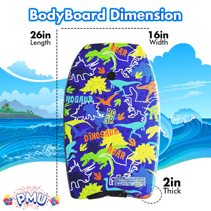 PMU 26 Inch Graphics Printed Bodyboard - Lightweight Wrist Leash Slick Bottom Boogie Board for Beach, Sea & Pool - Surfing Board for Kids, Teens & Adults Wave Conditions  Pkg/1