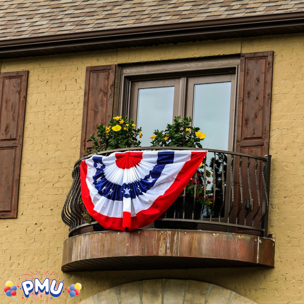 PMU Patriotic Bunting Pleated American Fan Flag 18 x 36 Inch USA Stars and Stripes Fade Resistant Nylon Half Fan Banner Easy to Hang Patriotic Decoration