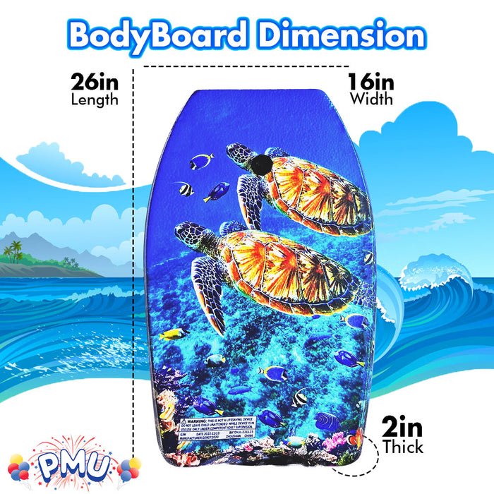 PMU 26 Inch Graphics Printed Bodyboard - Lightweight Wrist Leash Slick Bottom Boogie Board for Beach, Sea & Pool - Surfing Board for Kids, Teens & Adults Wave Conditions  Pkg/1