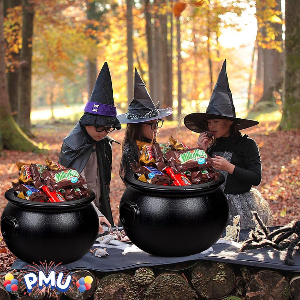 PMU Halloween Cauldron -8pc Multi-Pack Assortment Plastic Candy Holder for Kids - Halloween Party Favors & Supplies - Black pcs Set