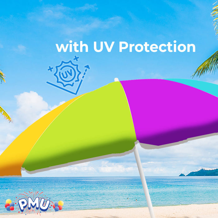 PMU Beach Umbrella 6 feet Opens to 72 inches Multicolor Beach Parasol with Carrying Sleeve for Beach, Patio, and Outdoor Sun Protection Polyester