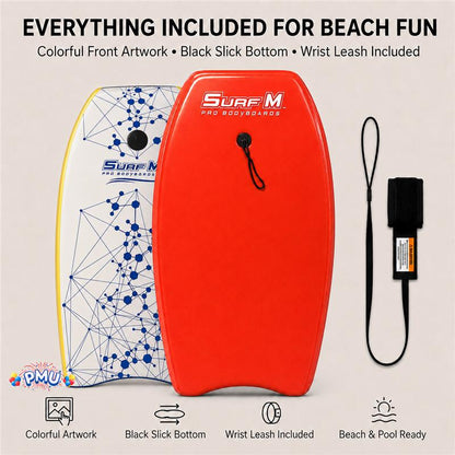 PMU 33 Inch Printed Bodyboard - Lightweight Wrist Leash Slick Bottom Boogie Board for Beach, Sea & Pool - Surfing Board for Kids, Teens & Adults Wave Conditions Pkg/1