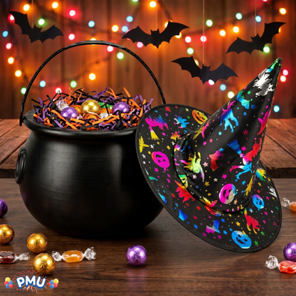 PMU 2 Pc Halloween Witch Cauldron Set – 8 Inch Black Cauldron Bowl & Witch Hat for Halloween Party Decorations, Tabletop & Home Décor