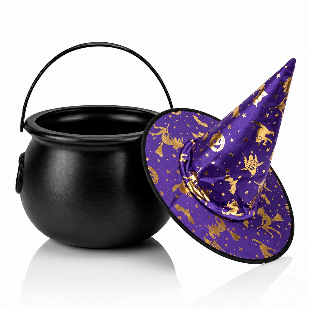 PMU 2 Pc Halloween Witch Cauldron Set – 8 Inch Black Cauldron Bowl & Witch Hat for Halloween Party Decorations, Tabletop & Home Décor