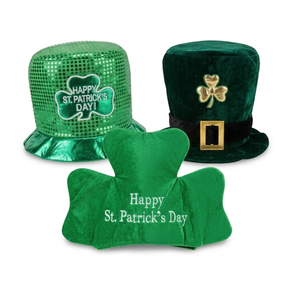 PMU 3-Pc St. Patrick’s Day Hat Bundle – Plush Leprechaun, Shamrock Beer Mug & Felt Shamrock Hat Wearable Costume