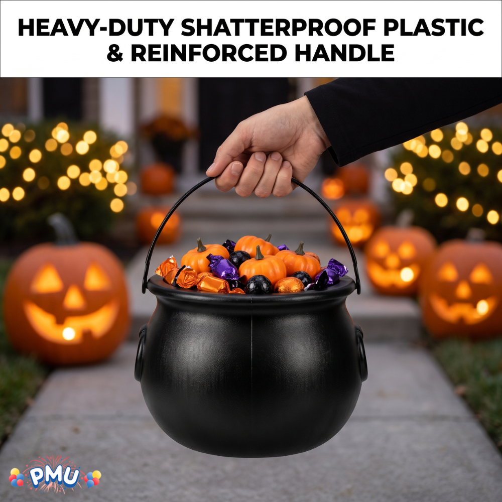 PMU 2 Pc Halloween Witch Cauldron Set – 8 Inch Black Cauldron Bowl & Witch Hat for Halloween Party Decorations, Tabletop & Home Décor
