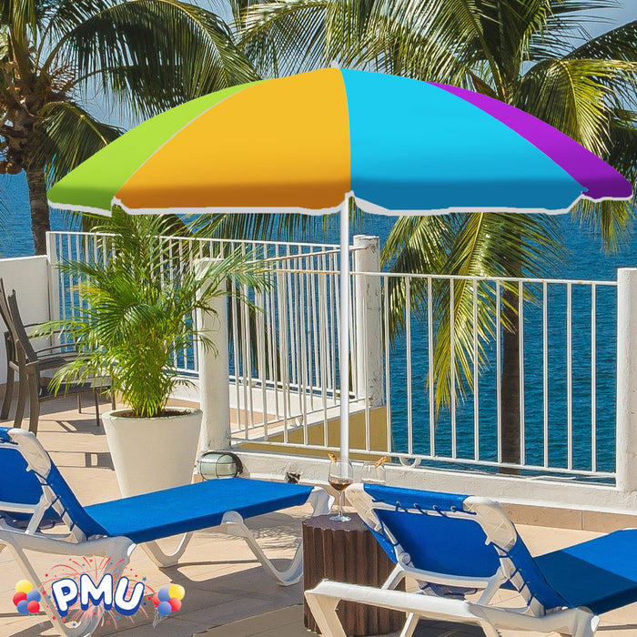 PMU Beach Umbrella 6 feet Opens to 72 inches Multicolor Beach Parasol with Carrying Sleeve for Beach, Patio, and Outdoor Sun Protection Polyester