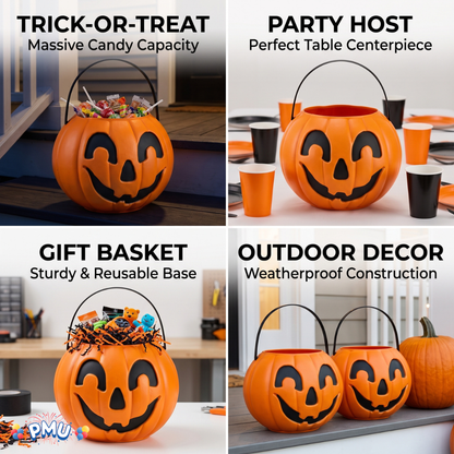 PMU Halloween Trick or Treat Jack-O-Lantern Carry Jack - Halloween Pumpkin Decorations - Candy Gift Basket for Kids - Pumpkin Bucket with Handles - 9 Inch w/Handle - Orange