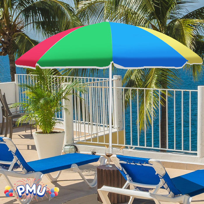 PMU Beach Umbrella 6 feet Opens to 72 inches Multicolor Beach Parasol with Carrying Sleeve for Beach, Patio, and Outdoor Sun Protection Polyester