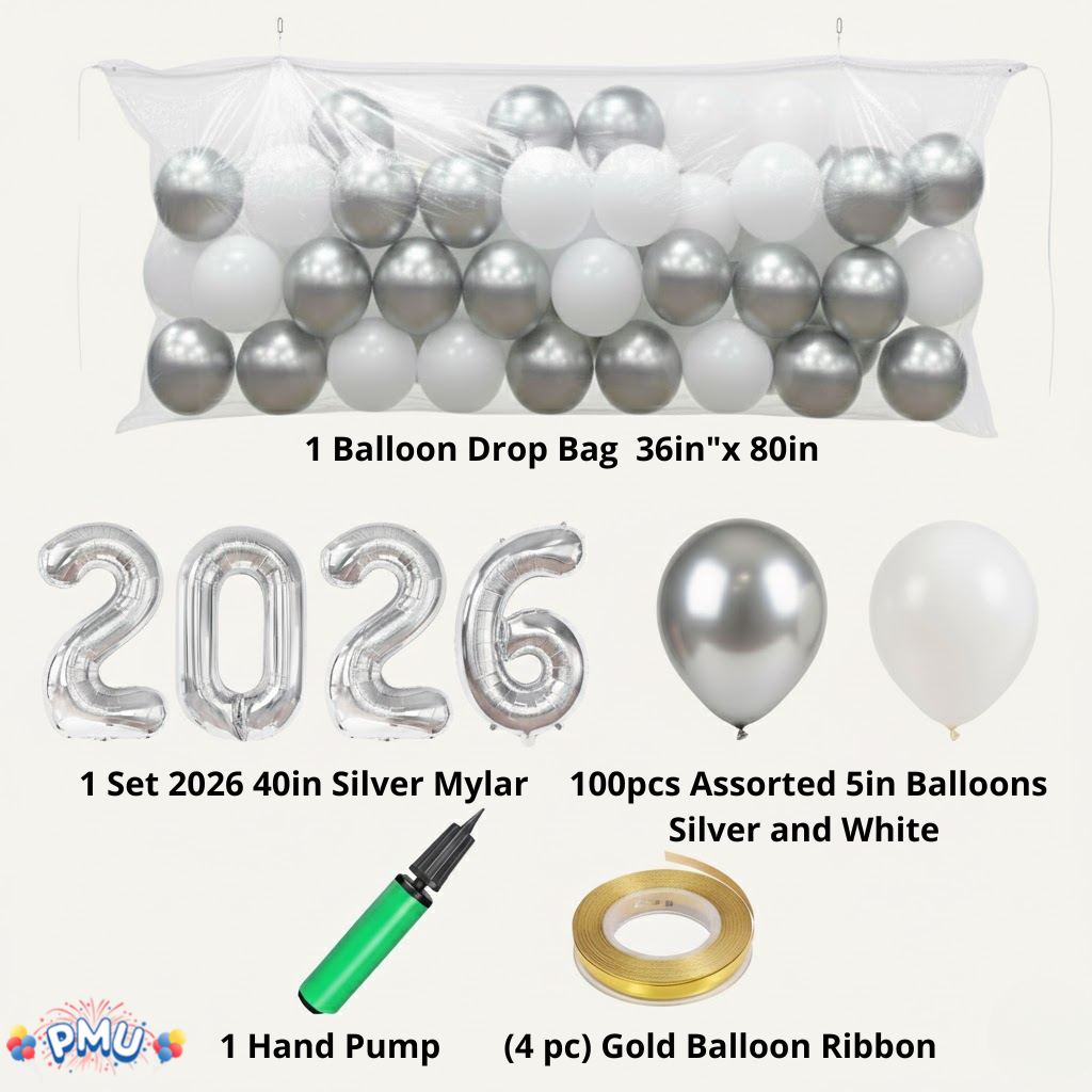 PMU New Year's Eve Party Balloon Drop Kit (100pcs Assorted 9in and 5in Balloons with Hand Pump) 4pcs "2026" 40in Gold Mylar Balloons 1 Set Assortment