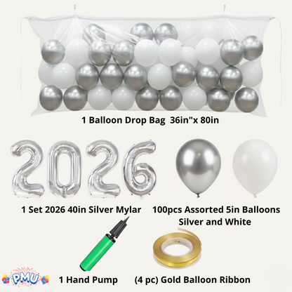 PMU New Year's Eve Party Balloon Drop Kit (100pcs Assorted 9in and 5in Balloons with Hand Pump) 4pcs "2026" 40in Gold Mylar Balloons 1 Set Assortment