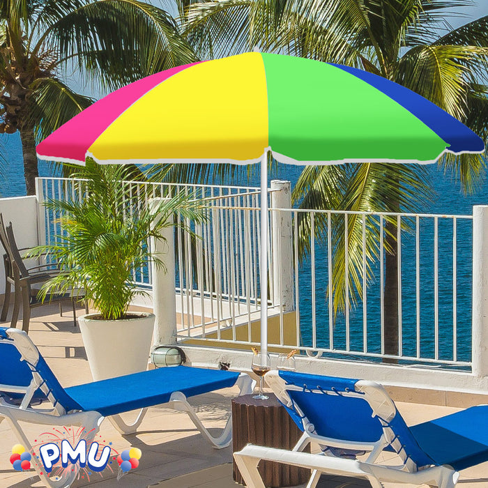 PMU Beach Umbrella 6 feet Opens to 72 inches Multicolor Beach Parasol with Carrying Sleeve for Beach, Patio, and Outdoor Sun Protection Polyester