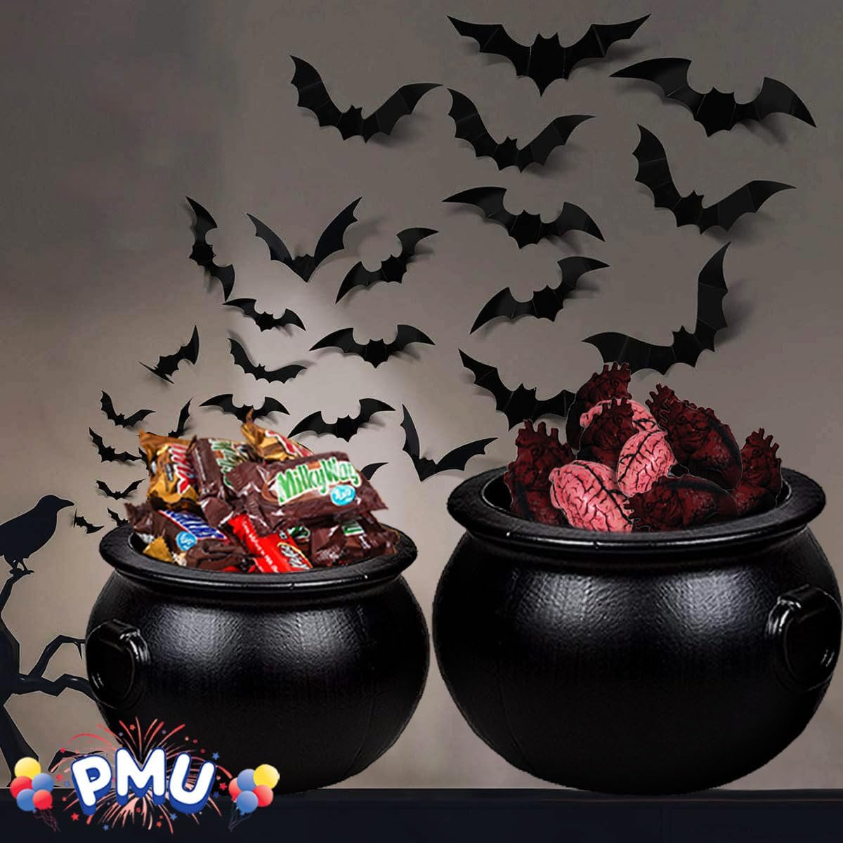 PMU Halloween Cauldron -8pc Multi-Pack Assortment Plastic Candy Holder for Kids - Halloween Party Favors & Supplies - Black pcs Set