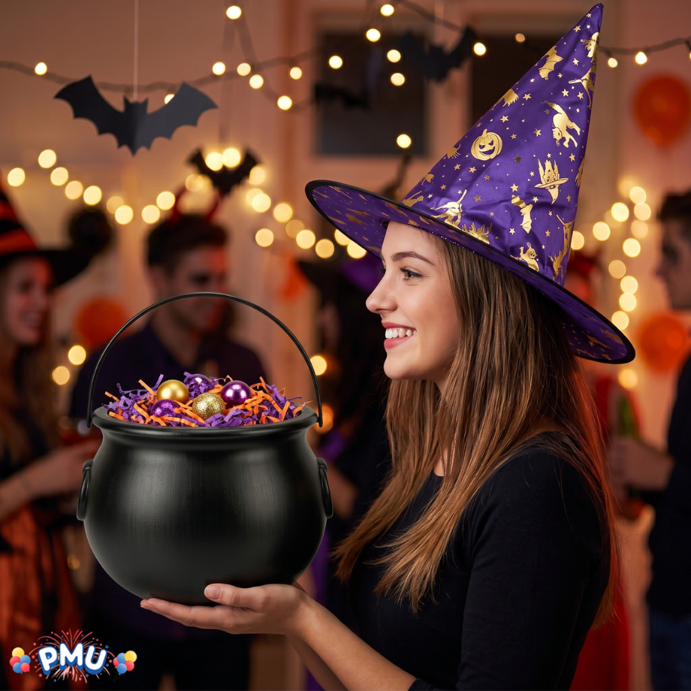 PMU 2 Pc Halloween Witch Cauldron Set – 8 Inch Black Cauldron Bowl & Witch Hat for Halloween Party Decorations, Tabletop & Home Décor