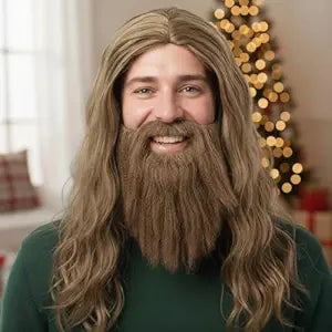 PMU Santa beard and wig set, Brown Wig And Beard for Christmas Costume Accessories - Plays, Festivals, Props & Party Supplies