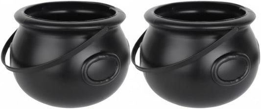 PMU 2pc-8" Halloween Cauldron Pot Kettle, Black Plastic Witch Cauldron Bowl, Candy Bucket for Trick or Treat, Indoor & Outdoor Decorations