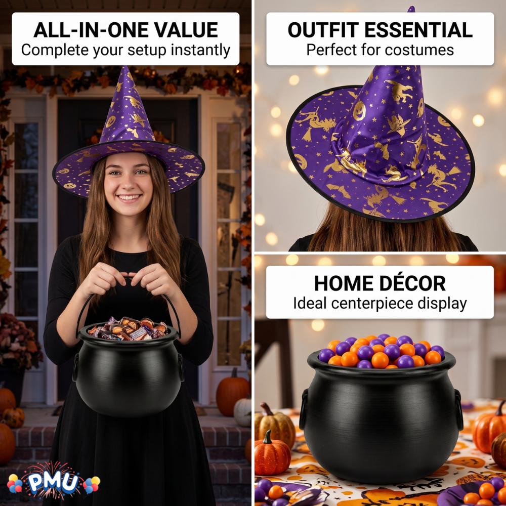 PMU 2 Pc Halloween Witch Cauldron Set – 8 Inch Black Cauldron Bowl & Witch Hat for Halloween Party Decorations, Tabletop & Home Décor