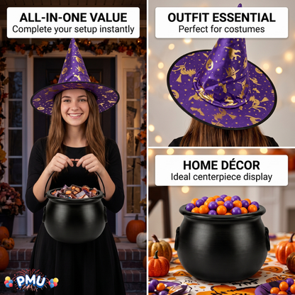 PMU 2 Pc Halloween Witch Cauldron Set – 8 Inch Black Cauldron Bowl & Witch Hat for Halloween Party Decorations, Tabletop & Home Décor