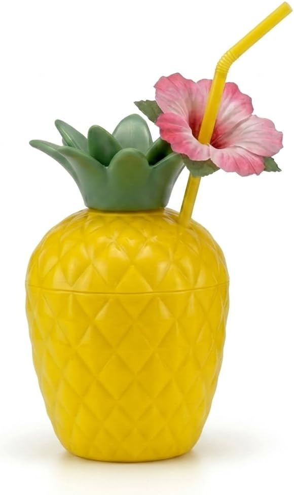 PMU Plastic Coconut & Pineapple Luau Cup with Flower, Luau Party Supplies, Hawaiian Party Decorations and Accessories