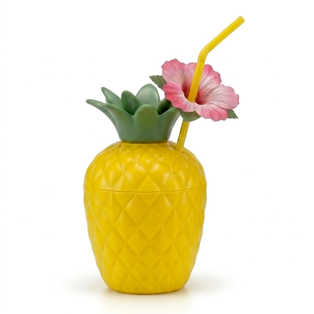 PMU Plastic Coconut & Pineapple Luau Cup with Flower, Luau Party Supplies, Hawaiian Party Decorations and Accessories