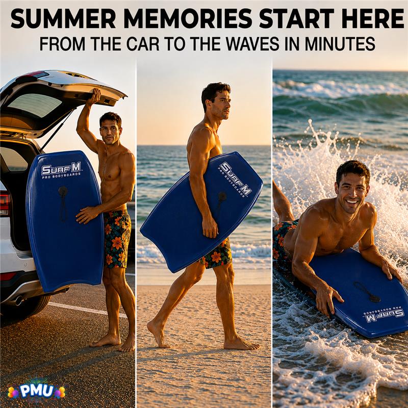 PMU 33 Inch Printed Bodyboard - Lightweight Wrist Leash Slick Bottom Boogie Board for Beach, Sea & Pool - Surfing Board for Kids, Teens & Adults Wave Conditions Pkg/1