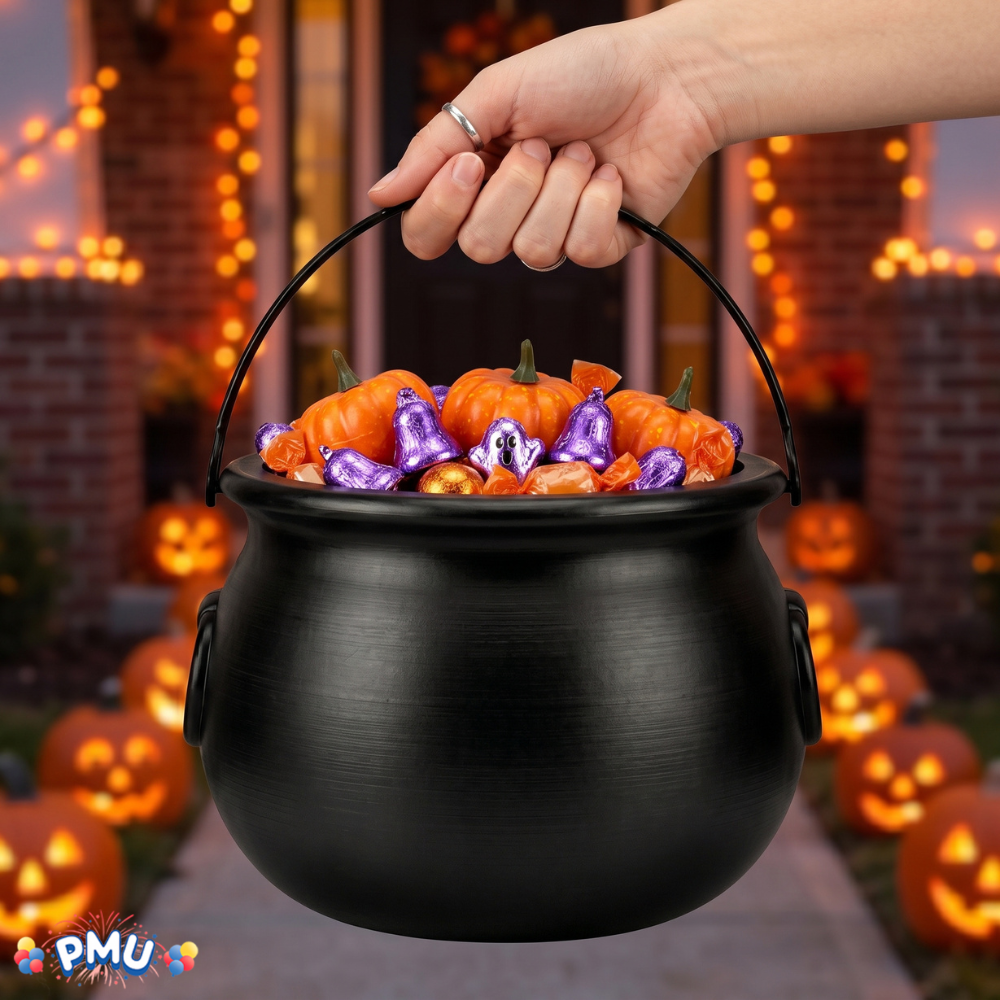 PMU 2 Pc Halloween Witch Cauldron Set – 8 Inch Black Cauldron Bowl & Witch Hat for Halloween Party Decorations, Tabletop & Home Décor