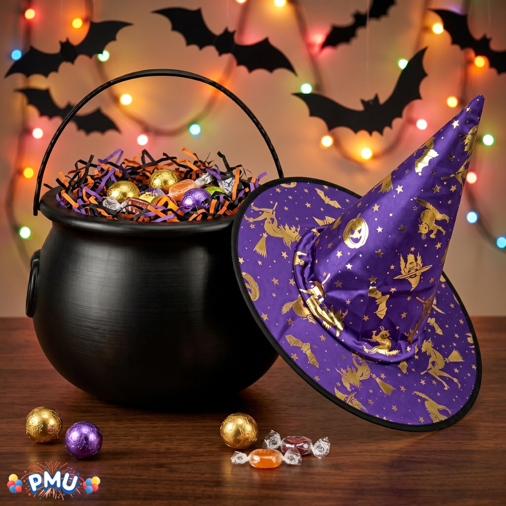PMU 2 Pc Halloween Witch Cauldron Set – 8 Inch Black Cauldron Bowl & Witch Hat for Halloween Party Decorations, Tabletop & Home Décor