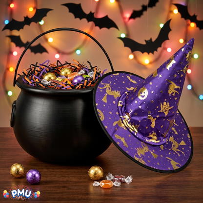PMU 2 Pc Halloween Witch Cauldron Set – 8 Inch Black Cauldron Bowl & Witch Hat for Halloween Party Decorations, Tabletop & Home Décor
