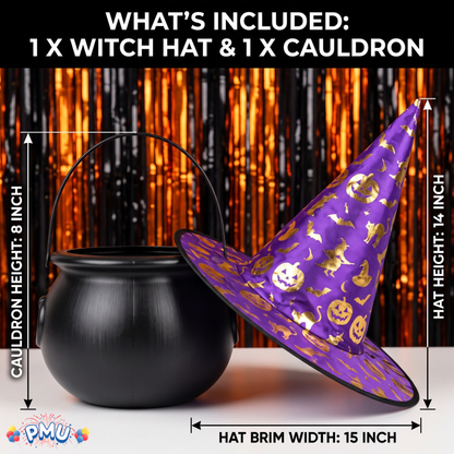 PMU 2 Pc Halloween Witch Cauldron Set – 8 Inch Black Cauldron Bowl & Witch Hat for Halloween Party Decorations, Tabletop & Home Décor