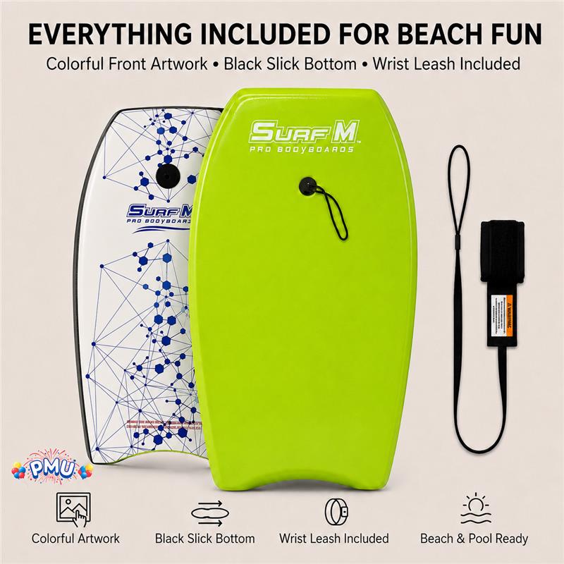 PMU 33 Inch Printed Bodyboard - Lightweight Wrist Leash Slick Bottom Boogie Board for Beach, Sea & Pool - Surfing Board for Kids, Teens & Adults Wave Conditions Pkg/1