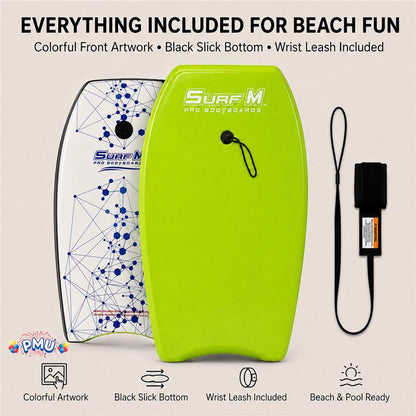 PMU 33 Inch Printed Bodyboard - Lightweight Wrist Leash Slick Bottom Boogie Board for Beach, Sea & Pool - Surfing Board for Kids, Teens & Adults Wave Conditions Pkg/1